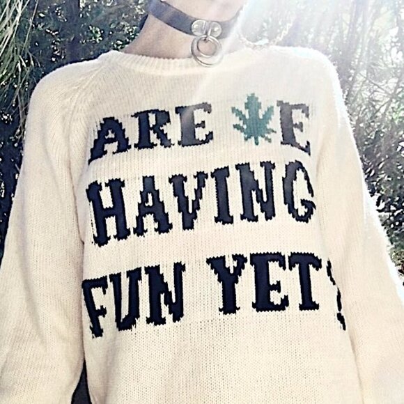 UNIF Are We Having Fun Yet Graphic Sweater Ivory Oversized Crewneck Pullover - Picture 4 of 11